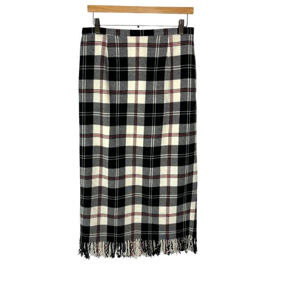 Vintage 90s Black White Red Plaid Fringe Straight Midi Wool Blend Skirt Medium - Picture 1 of 8